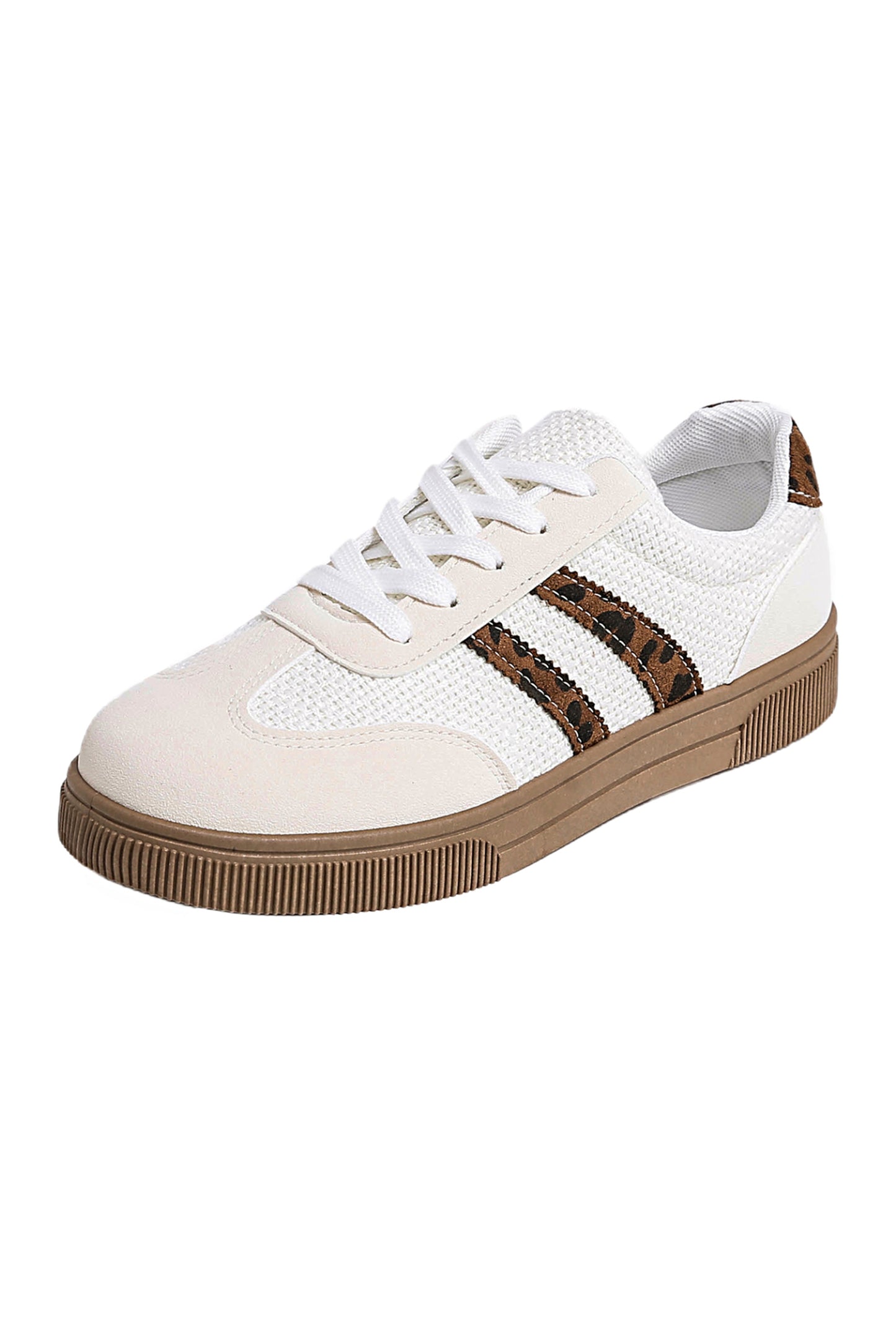 White Textured Woven PU Leather Leopard Patchwork Flat Sneakers - Snoopy's Closet