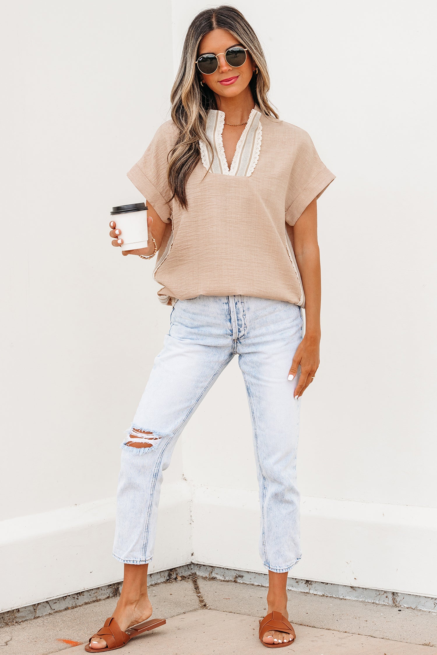 Parchment Crochet Lace Accent Pullover Rolled Short Sleeve Blouse - Snoopy's Closet