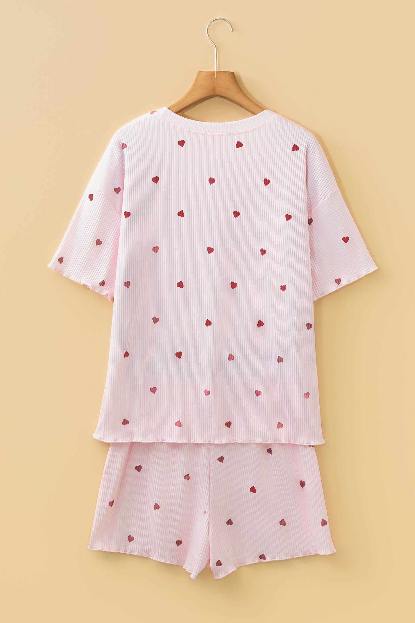 Light Pink Valentine Heart Shape Print Ribbed Knit Short Lounge Set - Snoopy's Closet