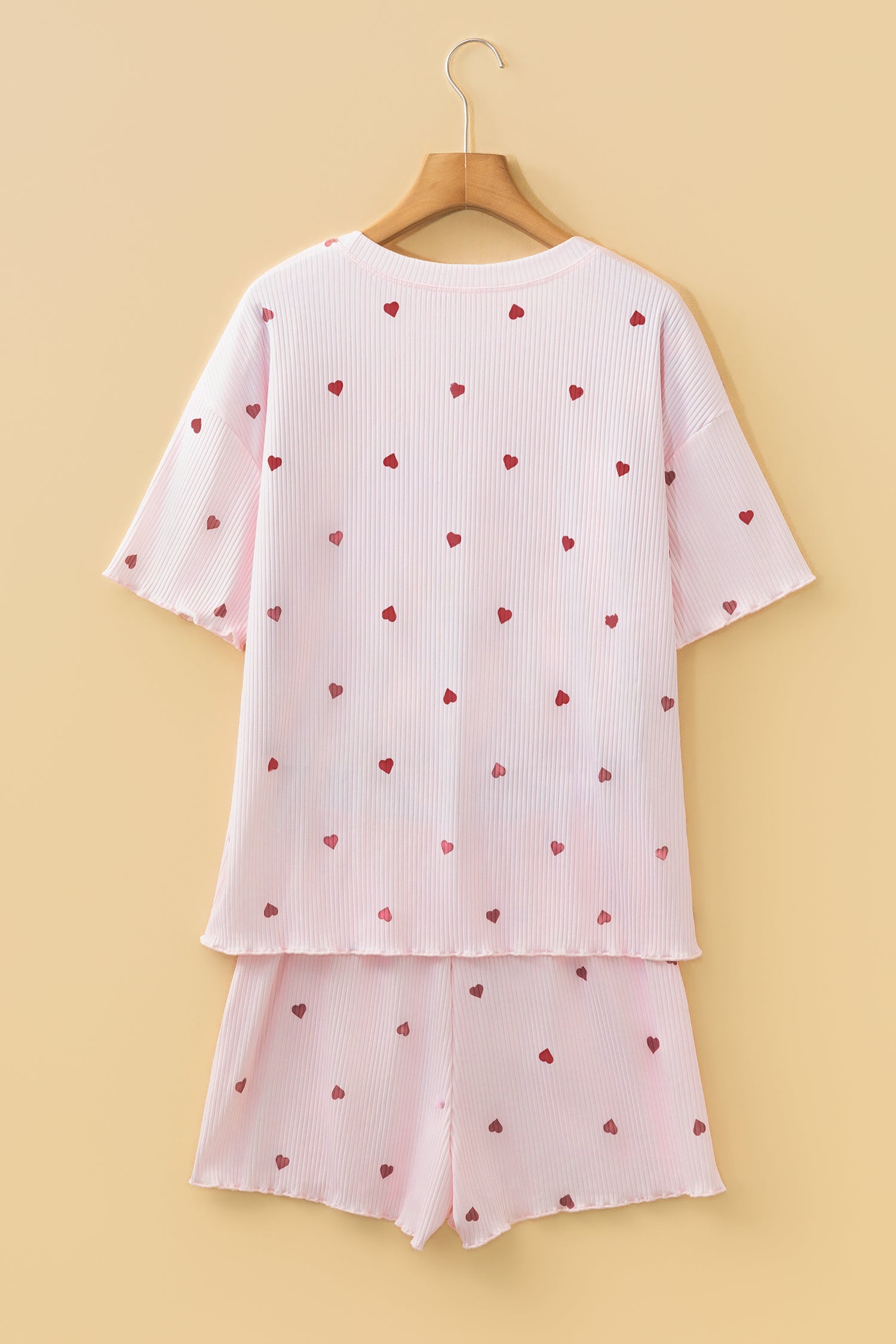 Light Pink Valentine Heart Shape Print Ribbed Knit Short Lounge Set - Snoopy's Closet