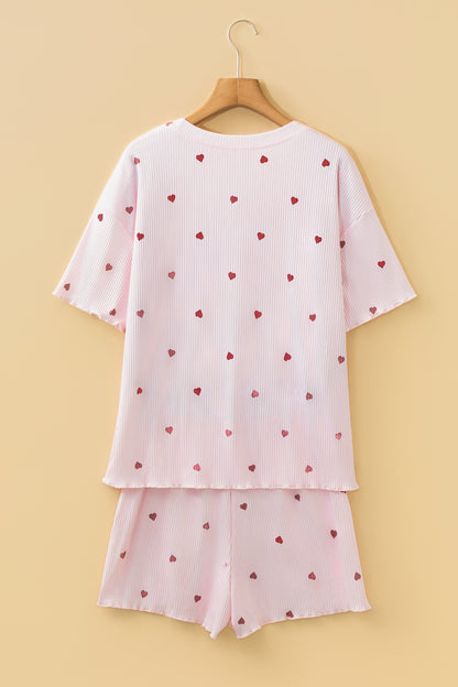 Light Pink Valentine Heart Shape Print Ribbed Knit Short Lounge Set - Snoopy's Closet