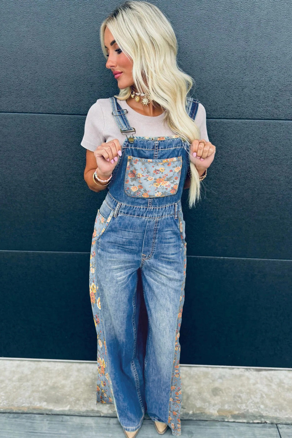 Peacock Blue Floral Patchwork Bib Denim Wide Leg Overalls - Snoopy's Closet