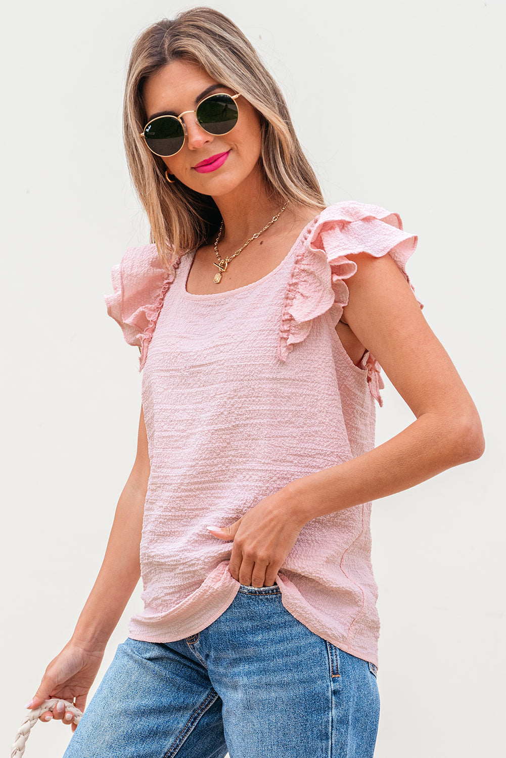 Gossamer Pink Textured Bow Knot Frilled Butterfly Sleeve Blouse - Snoopy's Closet