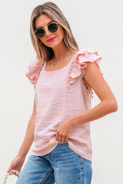 Gossamer Pink Textured Bow Knot Frilled Butterfly Sleeve Blouse - Snoopy's Closet