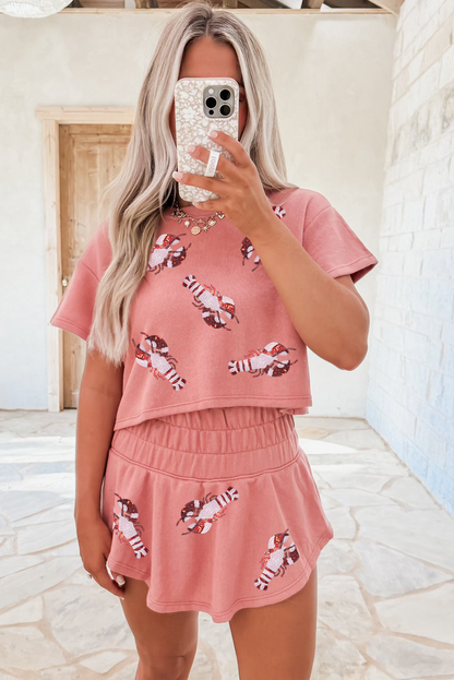 Conjunto de 2 piezas de camiseta corta con gráfico de cangrejo de lentejuelas Blossom y minifalda pantalón de talle alto