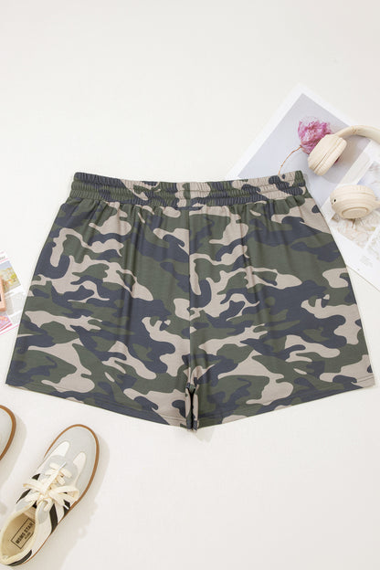 Green Tie Elastic Waist Pocketed Plus Size Camo Shorts - Snoopy's Closet