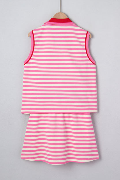 Sachet Pink Textured Stripe Print Contrast Trim Zip Collar Sleeveless 2pcs Skort Set - Snoopy's Closet