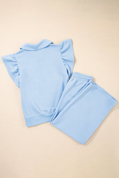 Beau Blue Textured Ruffled Sleeve Zipped Top and Wide Leg Pants Set