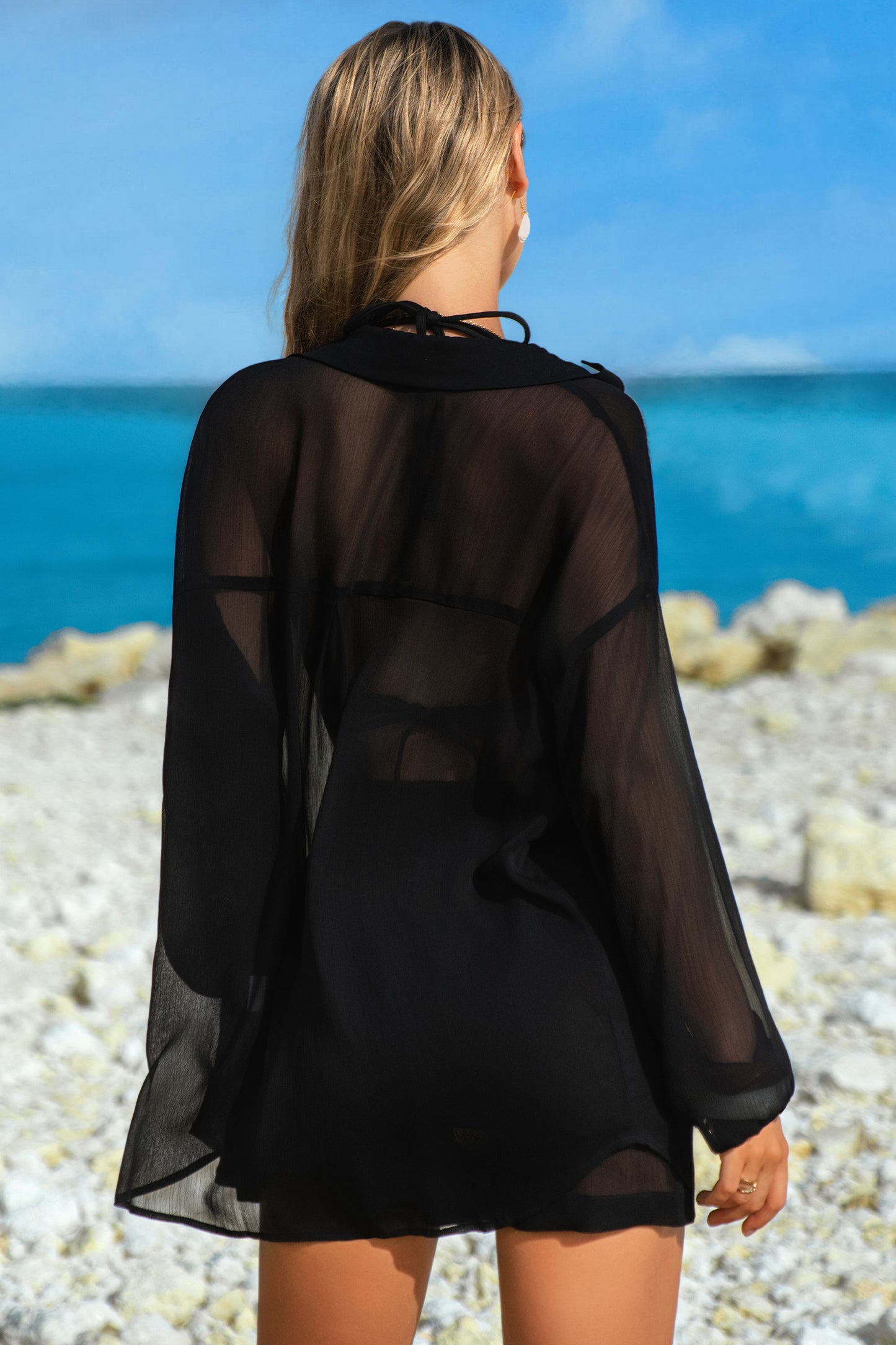 Beau Blue Sheer Tunic Shirt Drawstring Shorts 2pcs Swim Cover Up - Snoopy's Closet