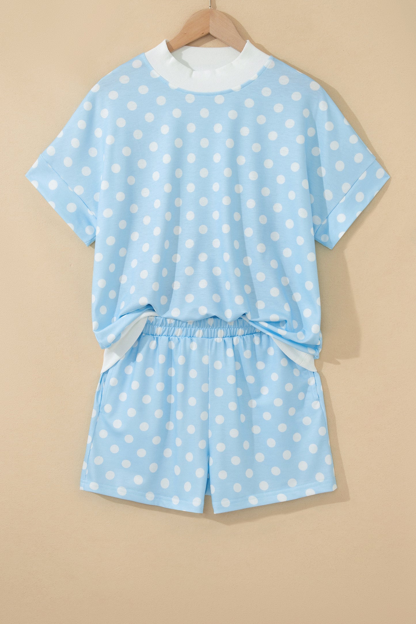 Sky Blue Polka Dot Print Color Block Trim Mock Neck Short Set - Snoopy's Closet