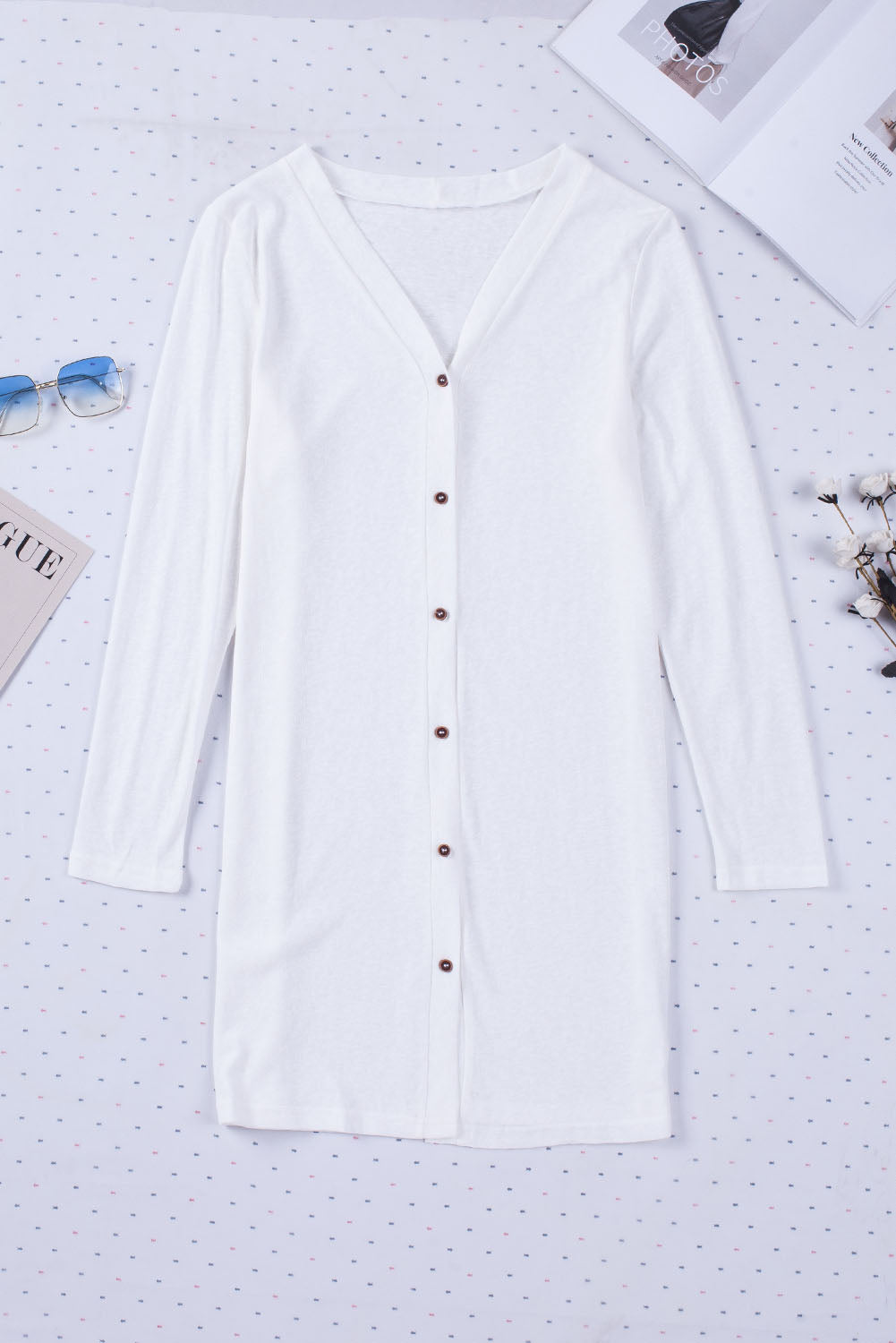 White Solid Color Open-Front Buttons Cardigan - Snoopy's Closet