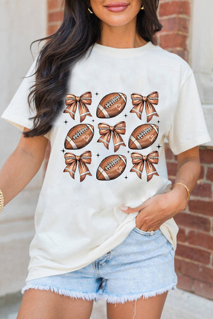 Camiseta de mezcla de algodón blanca con estampado de lazo y motivo de fútbol americano