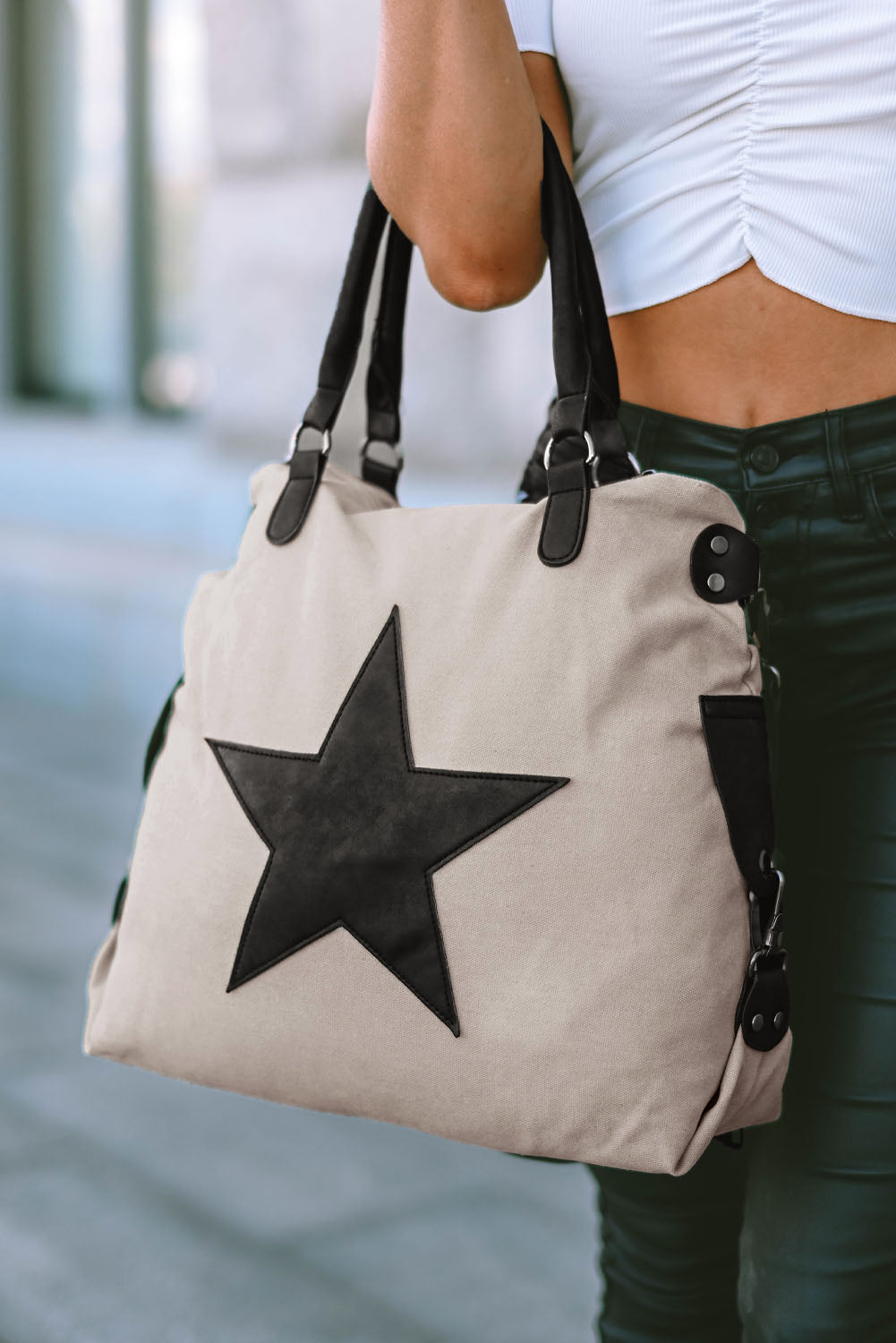 Beige Casual Five-pointed Star Canvas Tote Bag - Snoopy's Closet