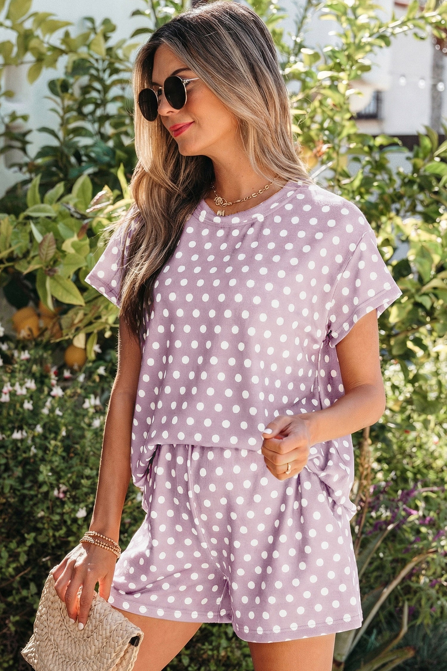 Purple Polka Dot Print Short Set - Snoopy's Closet