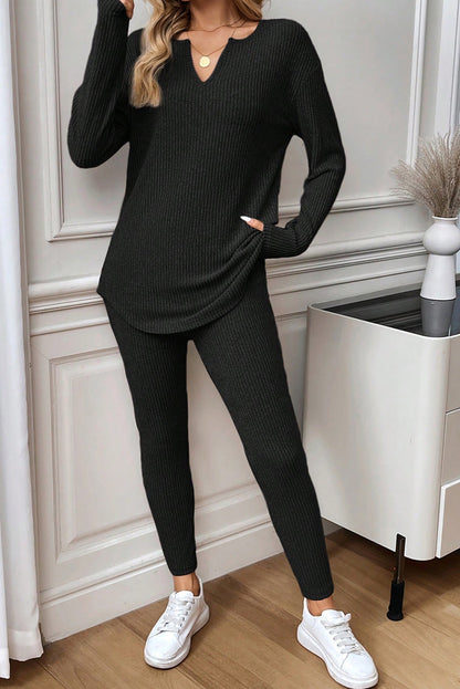 Black Ribbed Notched Neck Knit Long Sleeve Leggings Two Pieces Lounge Set - Snoopy's Closet