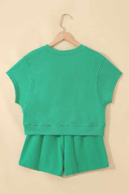 Sea Green Solid Color Loose Tee Drawstring Shorts 2pcs Outfit