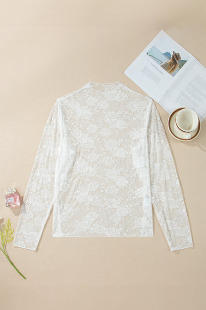 White Plus Size Floral Mesh Long Sleeve Top - Snoopy's Closet