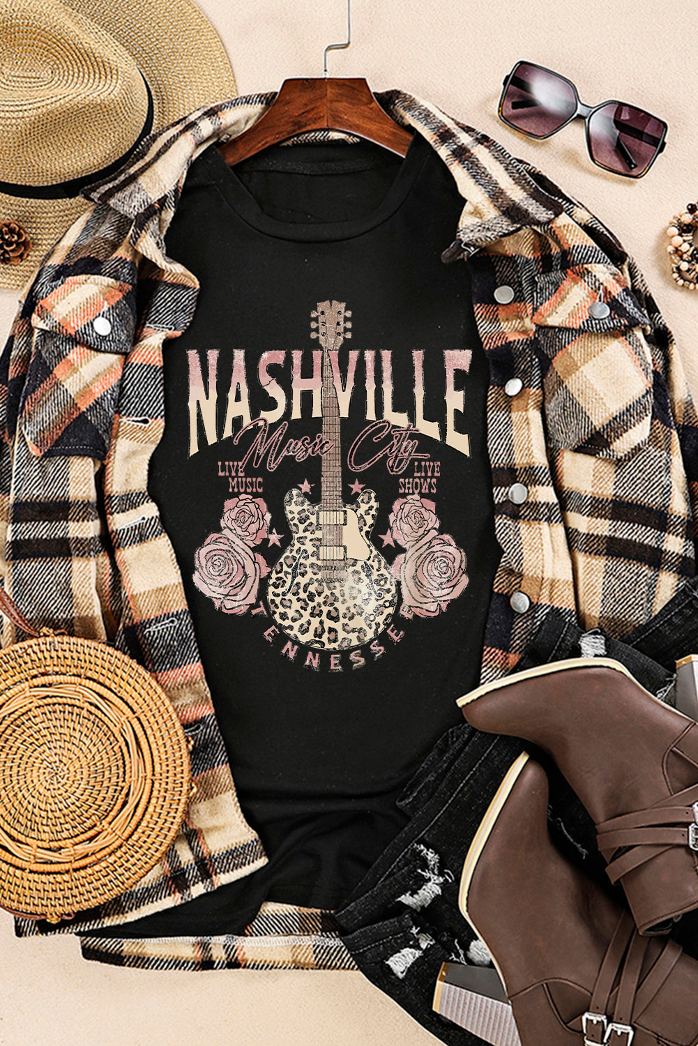 Camiseta negra con estampado de guitarra de leopardo Music City de Nashville