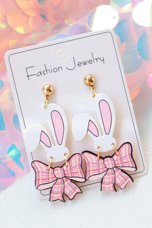 Pink Plaid Bow Easter Bunny Studded Earrings - Snoopy's Closet