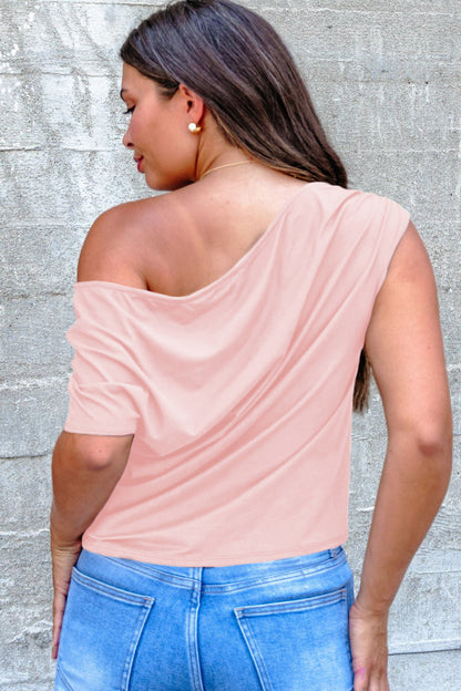 Gossamer Pink Plus Size Solid Color Asymmetric Neck Short Sleeve Blouse - Snoopy's Closet