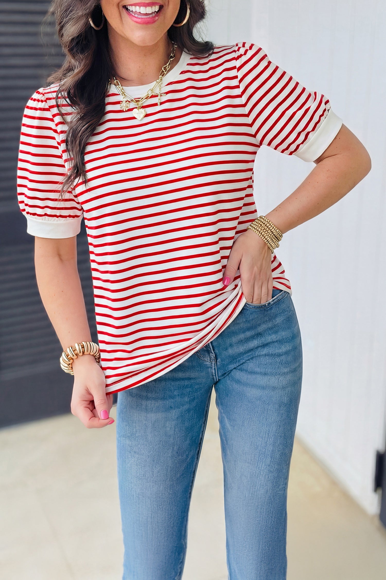 Red Stripe Contrast Trim Round Neck Short Puff Sleeve T Shirt - Snoopy's Closet