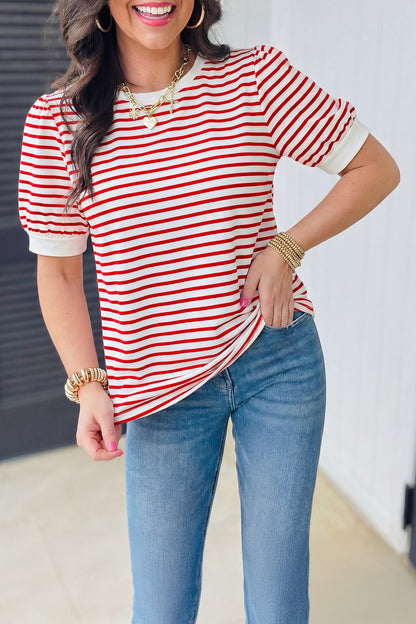 Red Stripe Contrast Trim Round Neck Short Puff Sleeve T Shirt - Snoopy's Closet