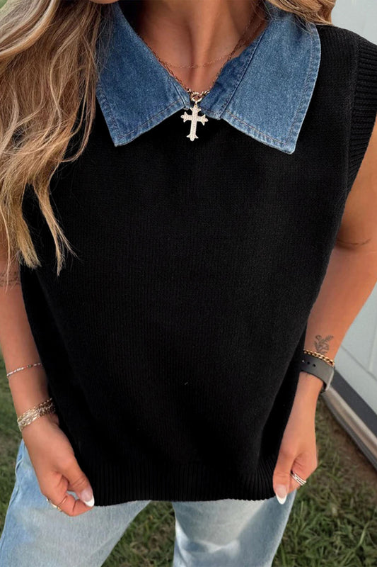 Chaleco de punto de color negro liso con cuello de denim en contraste y patchwork