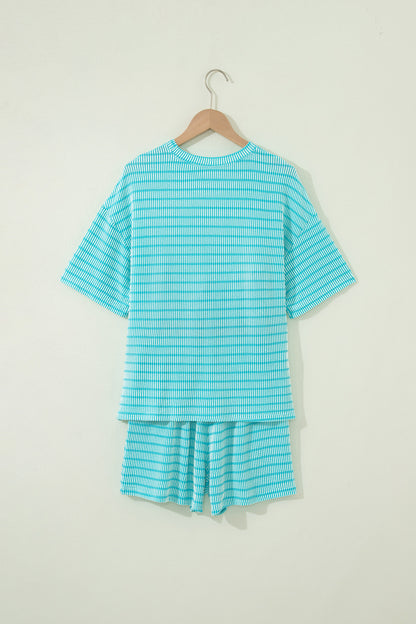 Sky Blue Stripe Raised Rib Loose Tee Drawstring Elastic Waist 2pcs Short Set
