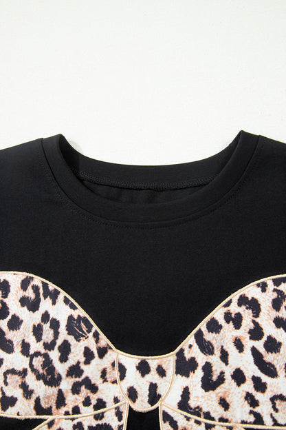 Camiseta de algodón con cuello redondo, lazo de leopardo negro bordado