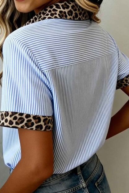 Green Stripe Leopard Contrast Collar Short Sleeve Shirt