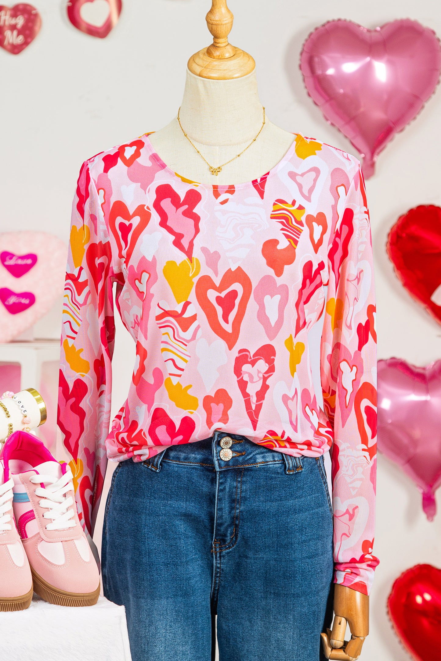 Rose Valentine Heart Mesh Long Sleeve Top - Snoopy's Closet
