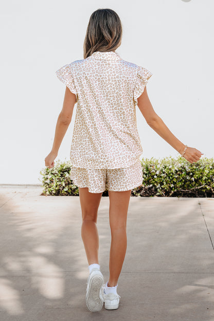 Conjunto de 2 piezas de polo con cremallera y estampado de leopardo beige y pantalón corto