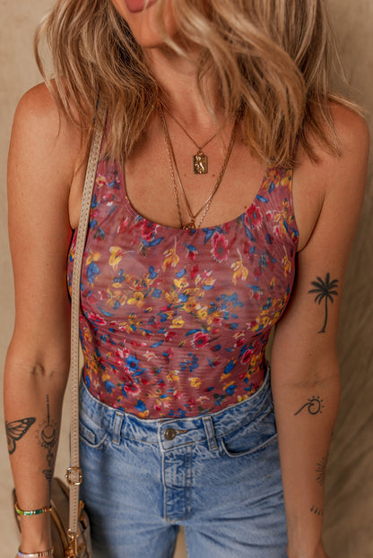 Purple Floral Printed Mesh U Neck Sleeveless Bodysuit - Snoopy's Closet