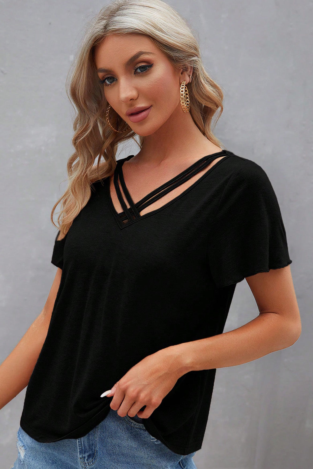 Black Crisscross V Neck Butterfly Sleeve T Shirt - Snoopy's Closet