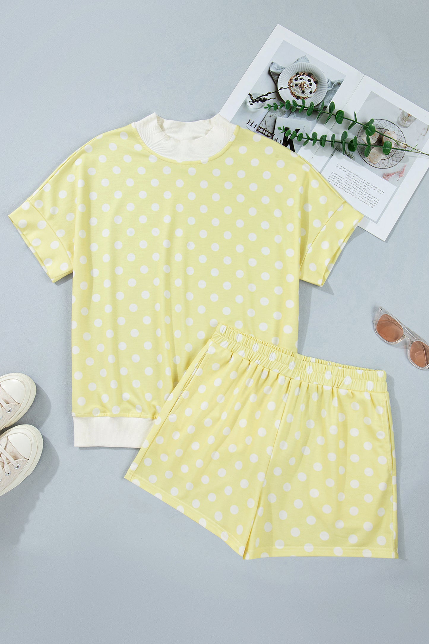 Sky Blue Polka Dot Print Color Block Trim Mock Neck Short Set - Snoopy's Closet