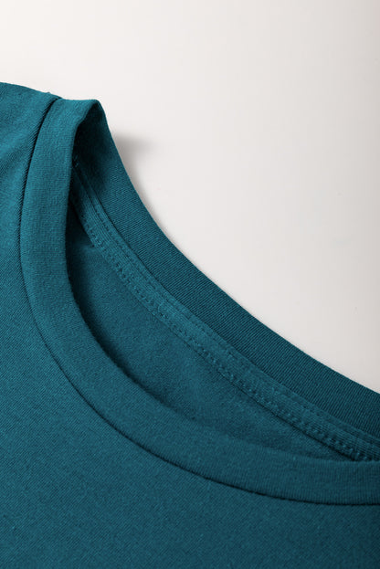 Blue Sapphire Solid Color Toothpick Stripe Round Neck T Shirt - Snoopy's Closet