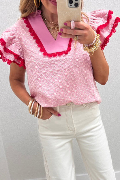 Beau Blue Eyelet Embroidered Flower Texture Contrast Lace Trim Flutter Sleeve Blouse - Snoopy's Closet