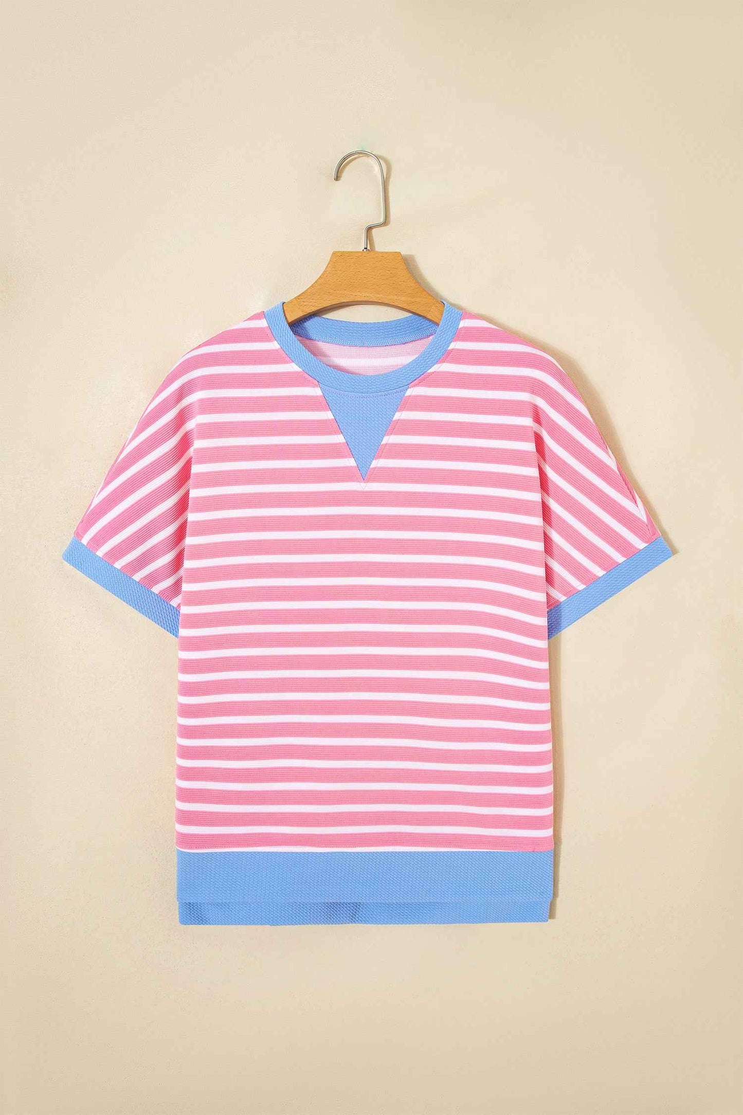 Pink Stripe Contrast Trim Loose Short Sleeve Top