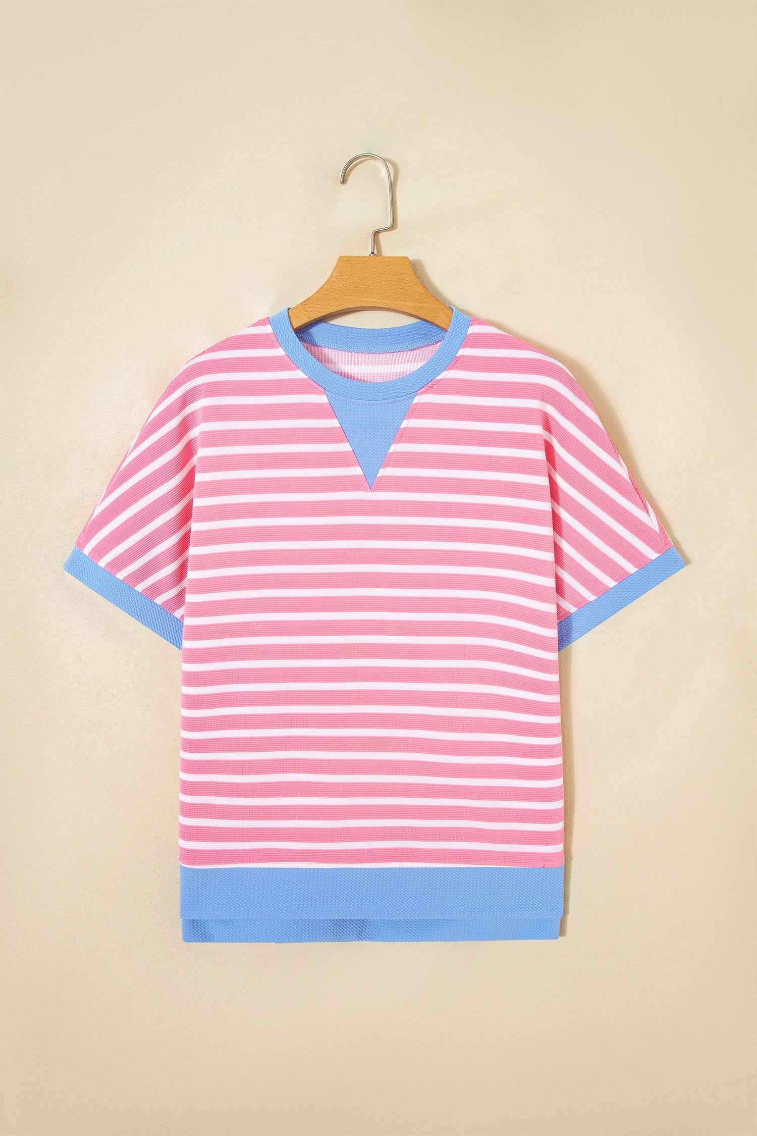 Pink Stripe Contrast Trim Loose Short Sleeve Top