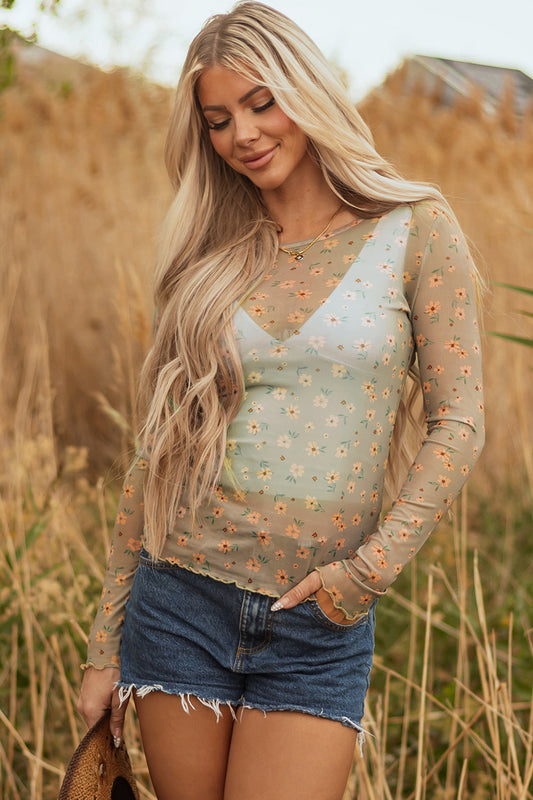 Top de malla de manga larga con estampado floral vintage verde laurel estilo sureño