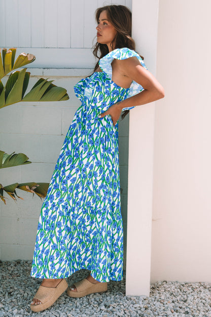 Vestido maxi azul con estampado floral, escote cuadrado y tirantes con volantes