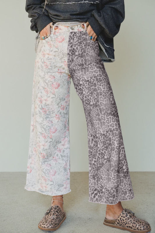 Vaqueros Multicolores Retro con Estampado Floral de Leopardo en Contraste y Bajo Sin Rematar