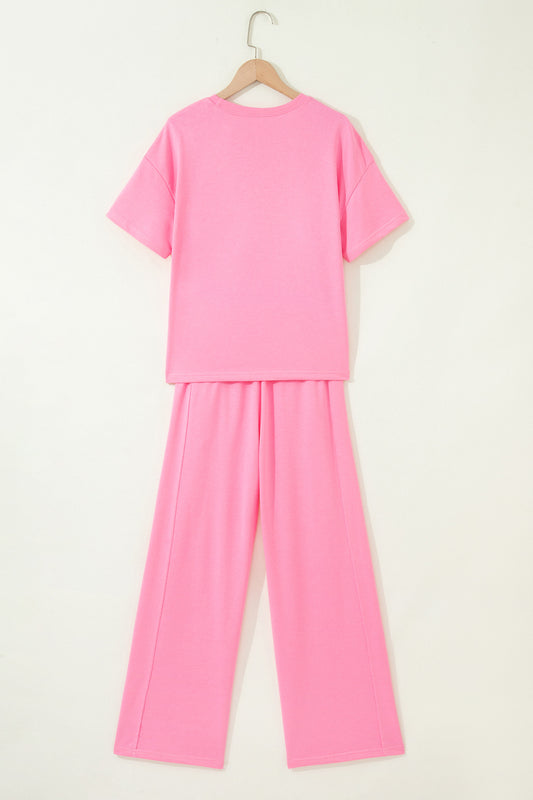 Sachet Pink Solid Cover Oversize Tee Pocketed Casual Pants 2pcs Outfit - Snoopy's Closet
