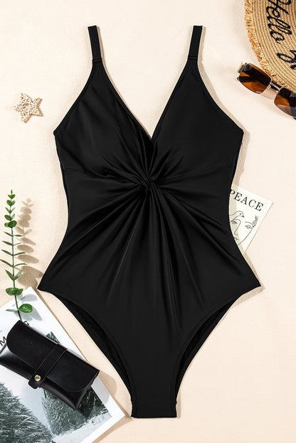 Black V Neck Twist Ruched Crisscross Backless One-Piece Swimsuit - Snoopy's Closet