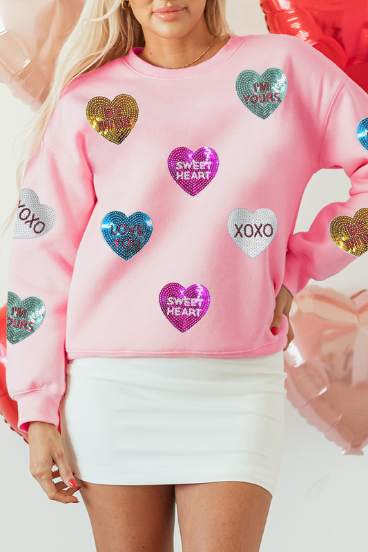 Sudadera de San Valentín con corazón gráfico y letras románticas de lentejuelas rosas
