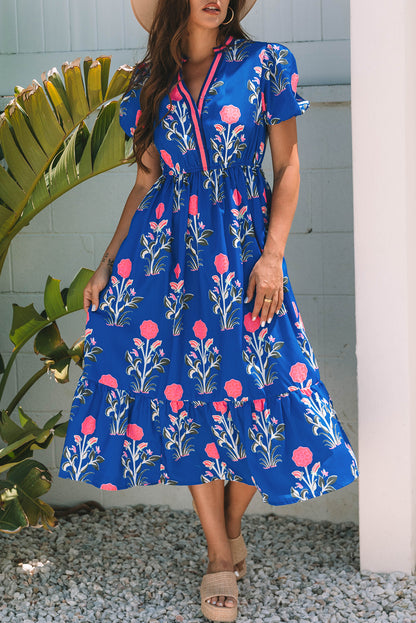 Vestido maxi de cintura alta, cuello en V y manga corta abullonada con estampado floral azul cielo