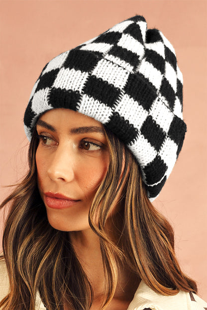 Gorro Beanie sin visera a cuadros de dos tonos negro
