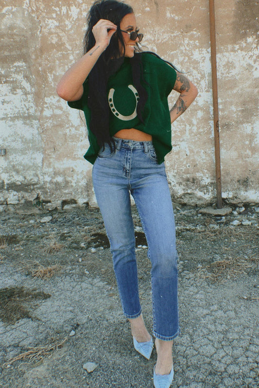 Blackish Green Horseshoe Graphic Western Short Sleeve Sweater - Snoopy's Closet