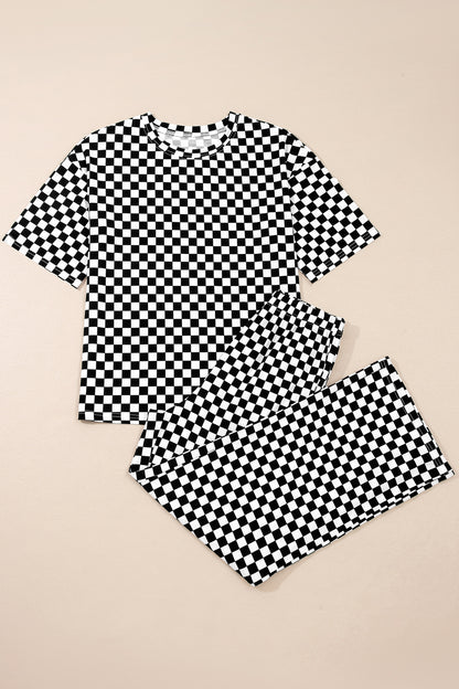 Khaki Checkered Print Half Sleeve Tee 2pcs Lounge Pant Set - Snoopy's Closet