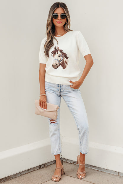 White Wild West Horse Head Printed Short Sleeve Sweater - Snoopy's Closet